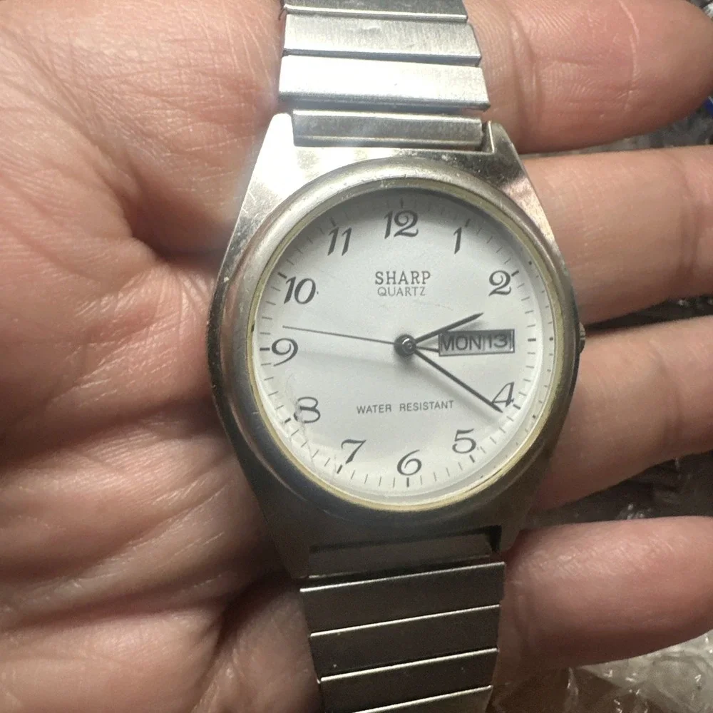 Working Vintage Sharp Mens Watch Silver Day Date White Quartz 35mm Fit 7.5